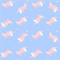 Unicorn seamless pattern. White pink fantastic animal on blue children